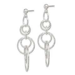 QE8887 Sterling Silver Polished & Textured Circle Links Post Dangle Earrings