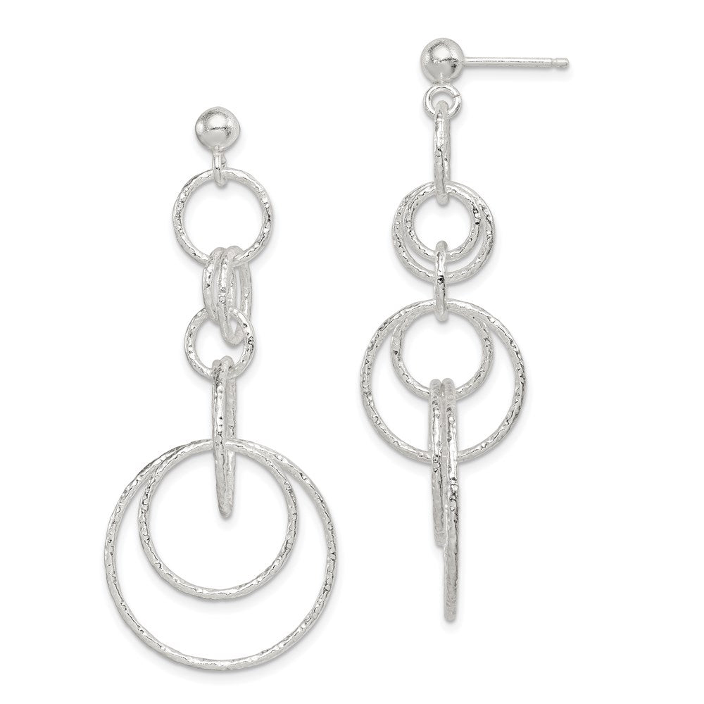QE8887 Sterling Silver Polished & Textured Circle Links Post Dangle Earrings
