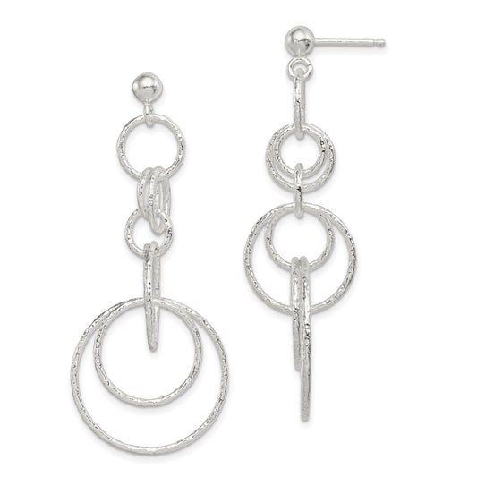 QE8887 Sterling Silver Polished & Textured Circle Links Post Dangle Earrings