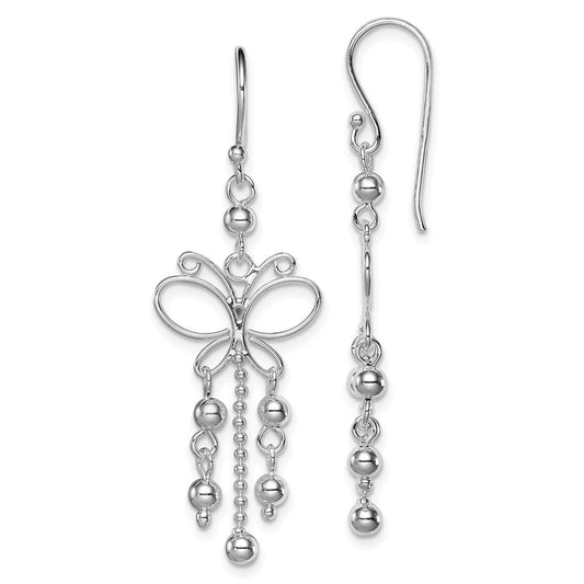 QE8912 Sterling Silver Rhodium-plated Beaded Butterfly Dangle Earrings