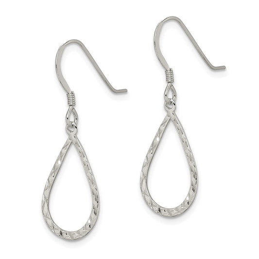 QE8944 Sterling Silver Polished & D/C Teardrop Dangle Shepherd Hook Earrings