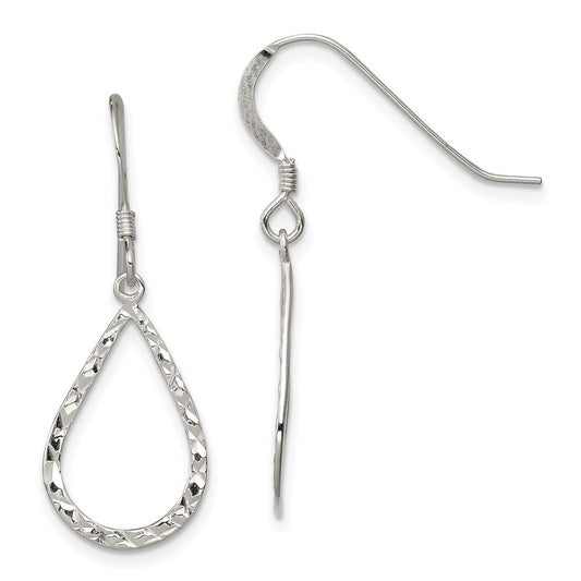QE8944 Sterling Silver Polished & D/C Teardrop Dangle Shepherd Hook Earrings