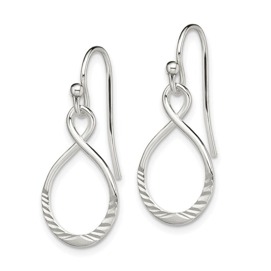 QE8948 Sterling Silver Polished & Diamond-cut Infinity Oval Dangle Earrings