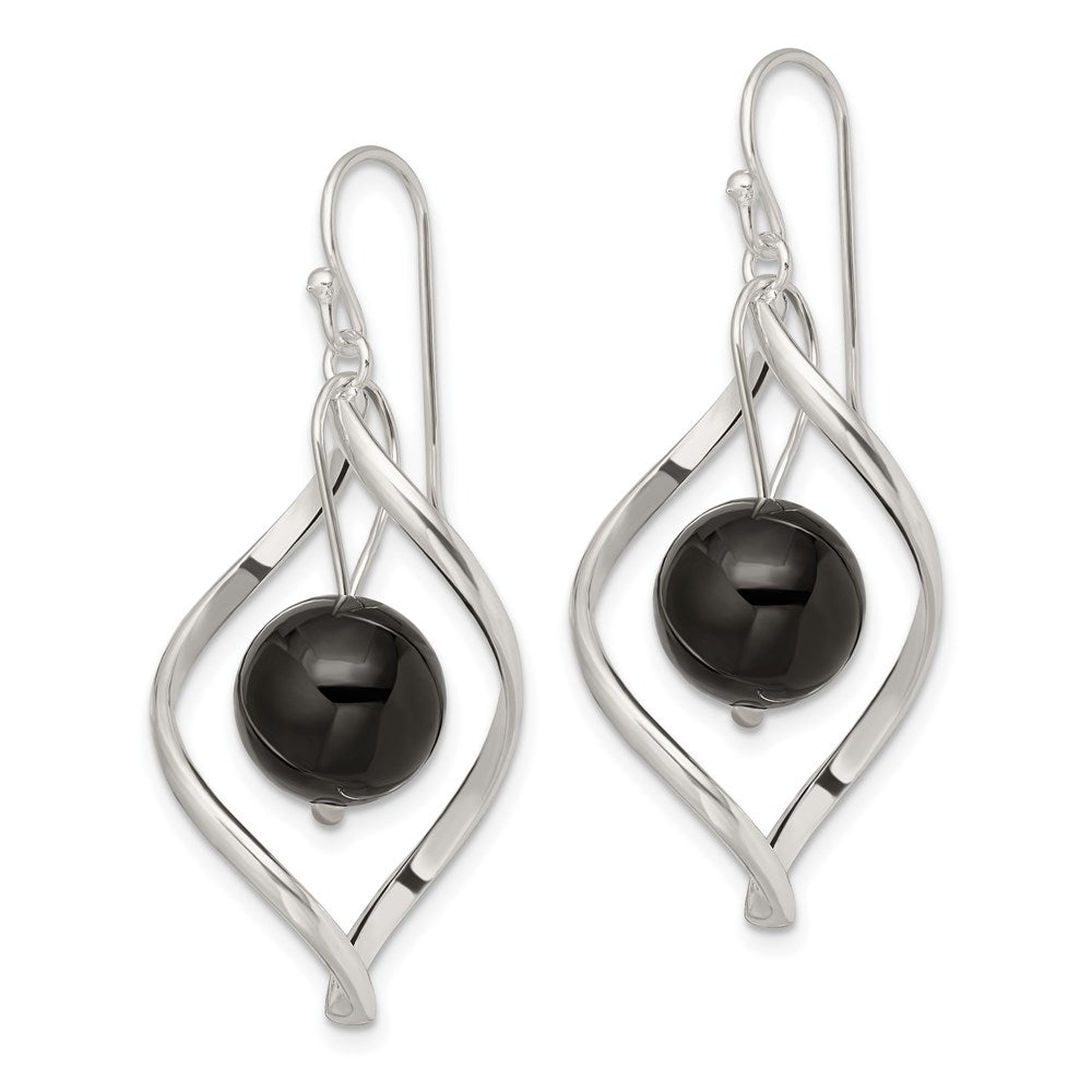 QE8958 Sterling Silver Polished Onyx Twisted Dangle Earrings