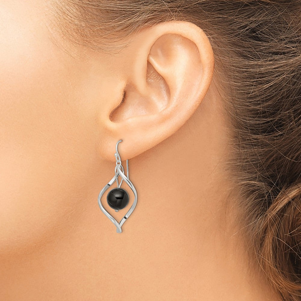 QE8958 Sterling Silver Polished Onyx Twisted Dangle Earrings