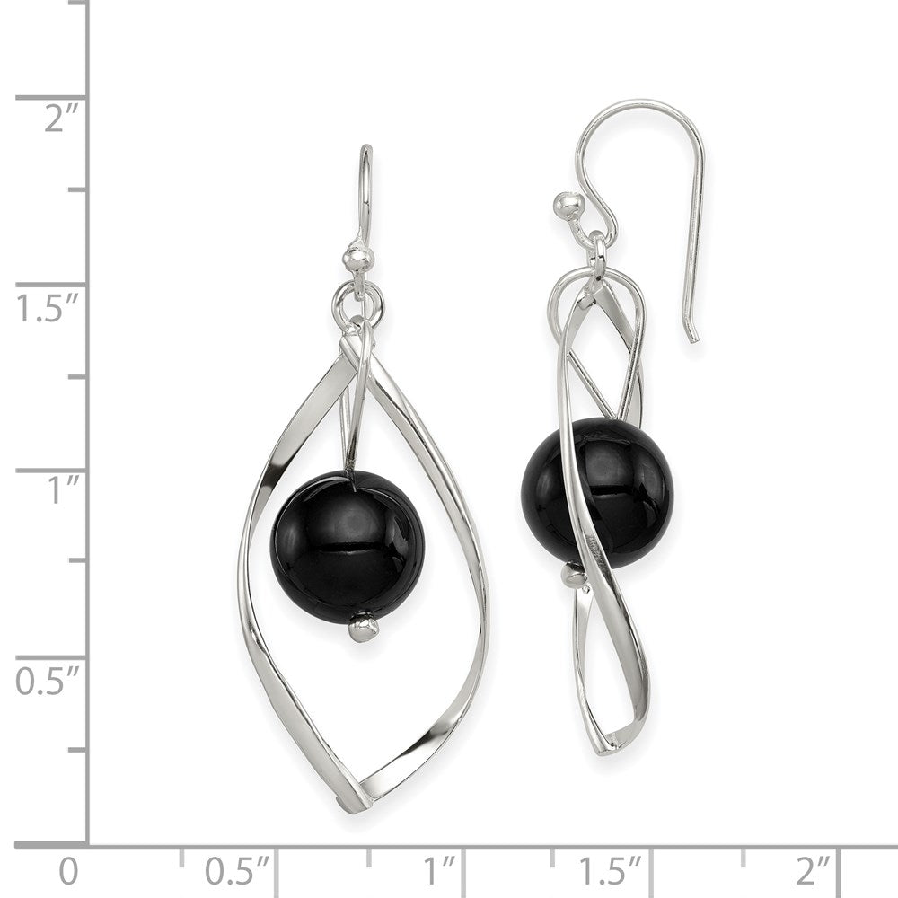QE8958 Sterling Silver Polished Onyx Twisted Dangle Earrings