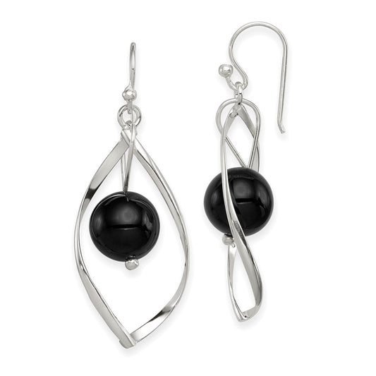 QE8958 Sterling Silver Polished Onyx Twisted Dangle Earrings