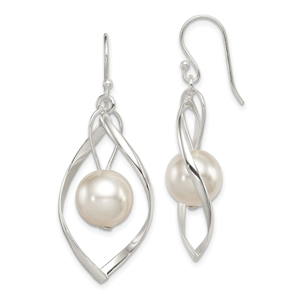 QE8960 Sterling Silver Polished Simulated Pearl Twisted Dangle Earrings