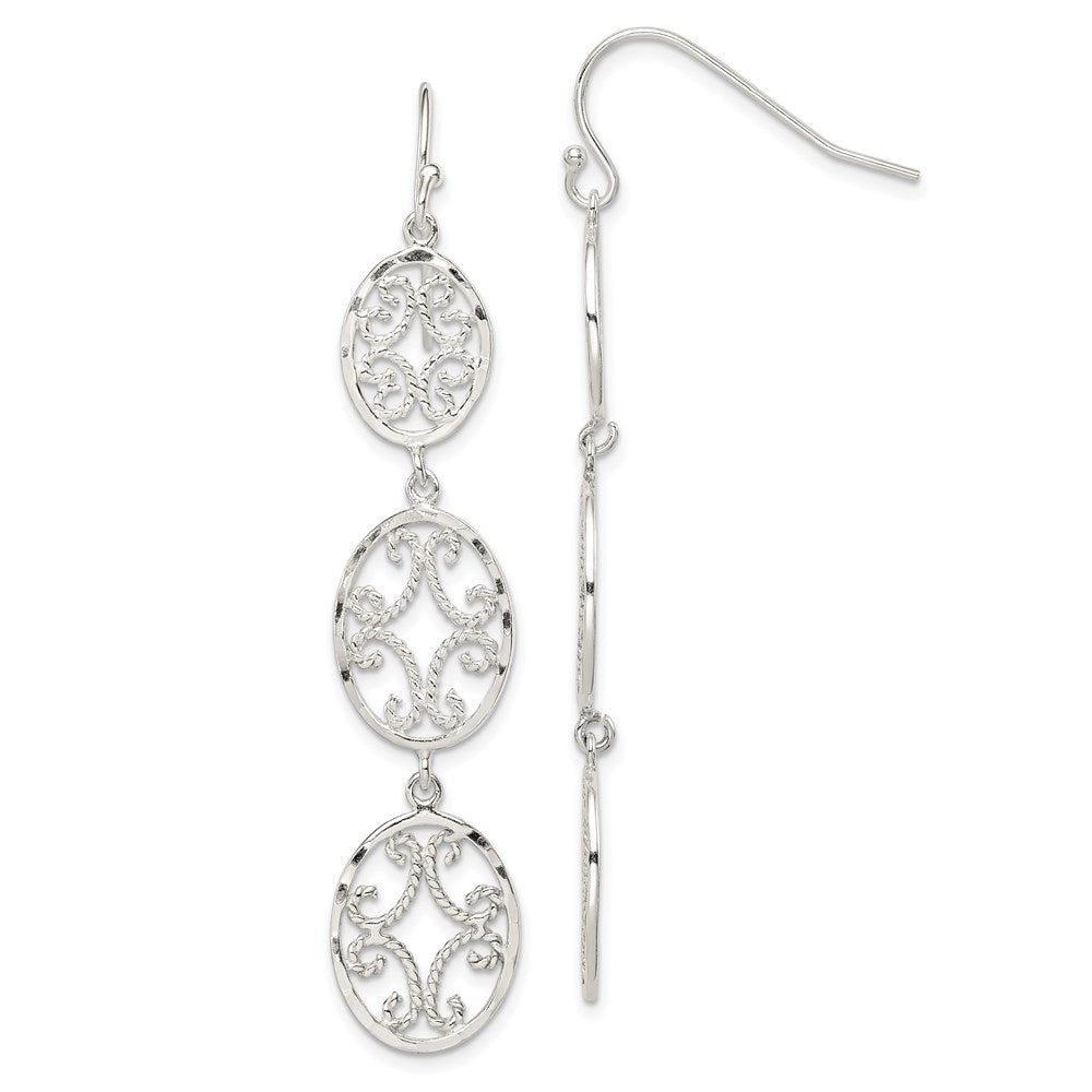 QE9002 Sterling Silver Polished Diamond-cut Filigree Triple Oval Dangle Earrings