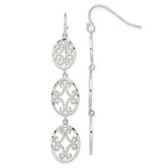 QE9002 Sterling Silver Polished Diamond-cut Filigree Triple Oval Dangle Earrings