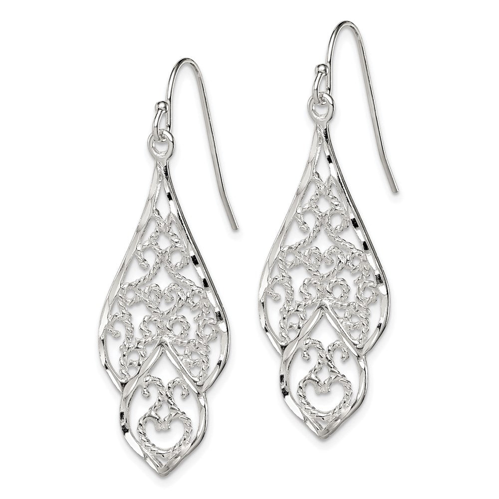 QE9004 Sterling Silver Polished & Diamond-cut Fancy Filigree Dangle Earrings