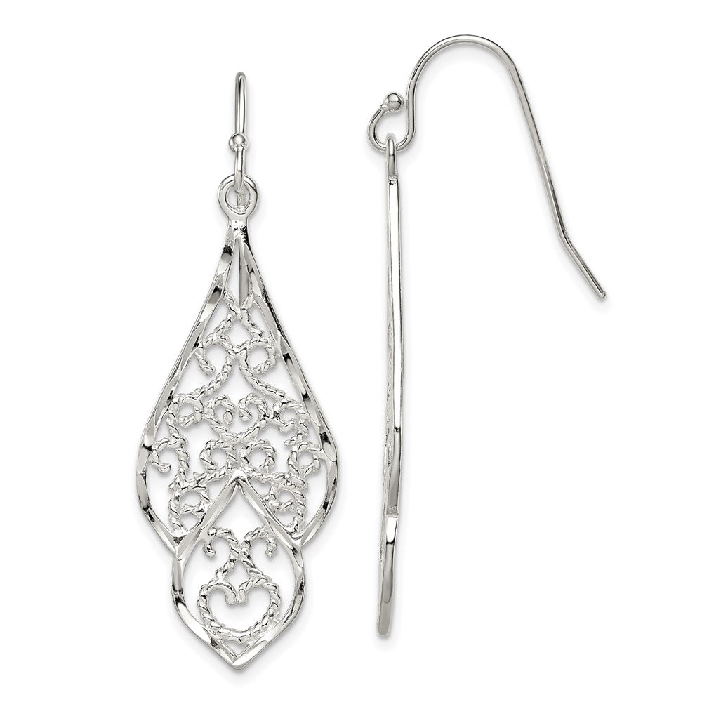 QE9004 Sterling Silver Polished & Diamond-cut Fancy Filigree Dangle Earrings