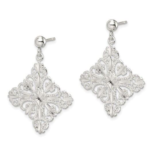 QE9005 Sterling Silver Polished & Diamond-cut Filigree Square Post Dangle Earrings