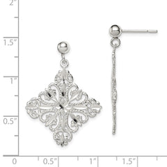 QE9005 Sterling Silver Polished & Diamond-cut Filigree Square Post Dangle Earrings