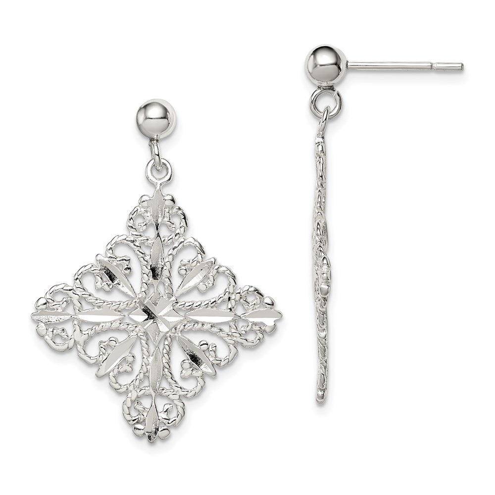 QE9005 Sterling Silver Polished & Diamond-cut Filigree Square Post Dangle Earrings