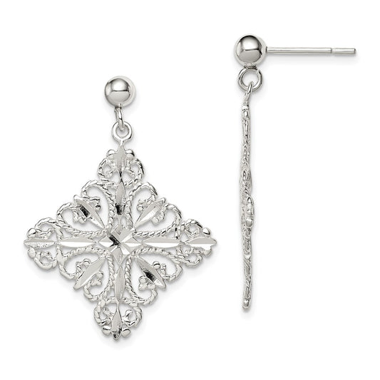 QE9005 Sterling Silver Polished & Diamond-cut Filigree Square Post Dangle Earrings