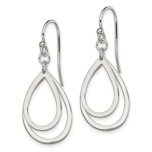QE9063 Sterling Silver Polished Double Teardrop Dangle Shepherd Hook Earrings