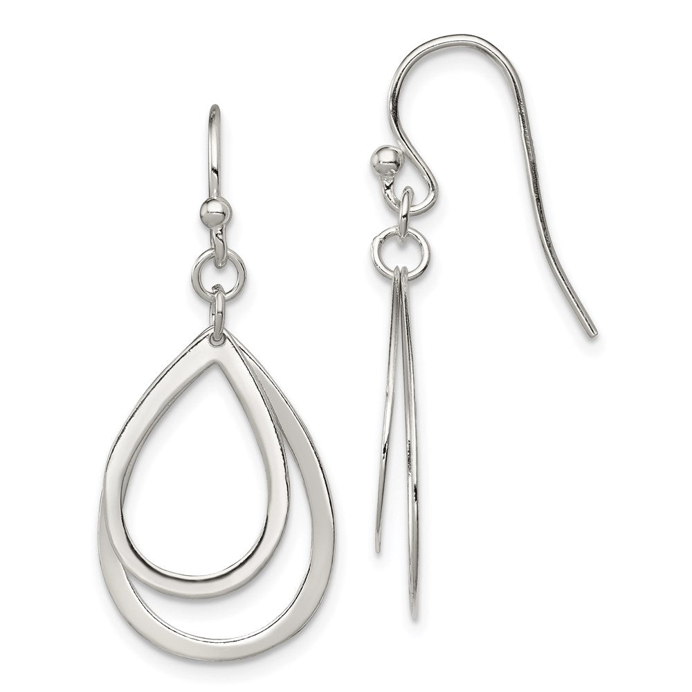 QE9063 Sterling Silver Polished Double Teardrop Dangle Shepherd Hook Earrings