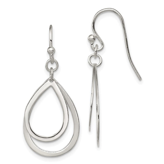 QE9063 Sterling Silver Polished Double Teardrop Dangle Shepherd Hook Earrings