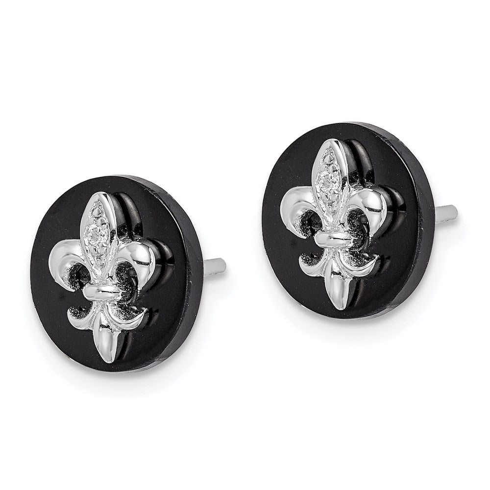QE9089 Sterling Silver Rhodium-plated CZ Fleur de Lis Onyx Circle Stud Earrings