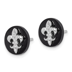 QE9089 Sterling Silver Rhodium-plated CZ Fleur de Lis Onyx Circle Stud Earrings