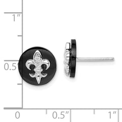 QE9089 Sterling Silver Rhodium-plated CZ Fleur de Lis Onyx Circle Stud Earrings