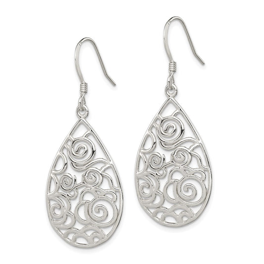 QE9097 Sterling Silver Polished Fancy Filigree Teardrop Dangle Earrings