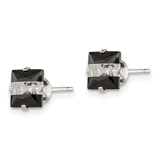 QE9113 Sterling Silver Black & White 6mm Square CZ Snap-in Set Stud Earrings