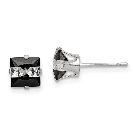 QE9113 Sterling Silver Black & White 6mm Square CZ Snap-in Set Stud Earrings