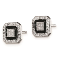 QE9117 Sterling Silver RH-plated Black Enamel & Pav������ CZ Square Halo Post Earrings
