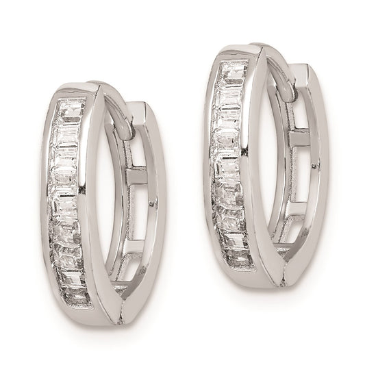 QE9200 Sterling Silver Rhodium-plated CZ Baguette Hinged Hoop Earrings