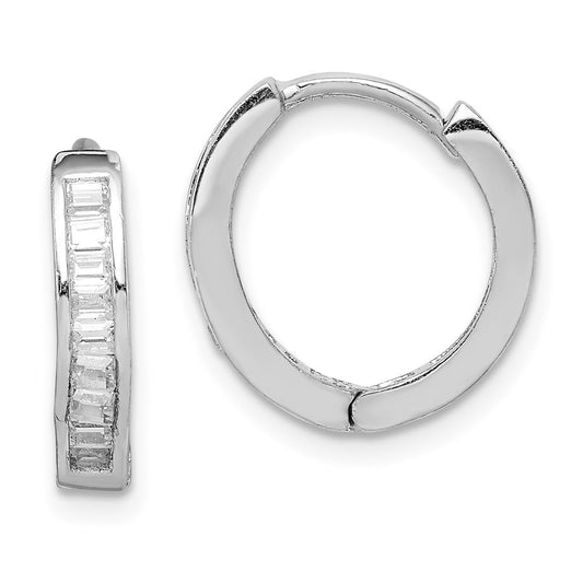 QE9200 Sterling Silver Rhodium-plated CZ Baguette Hinged Hoop Earrings
