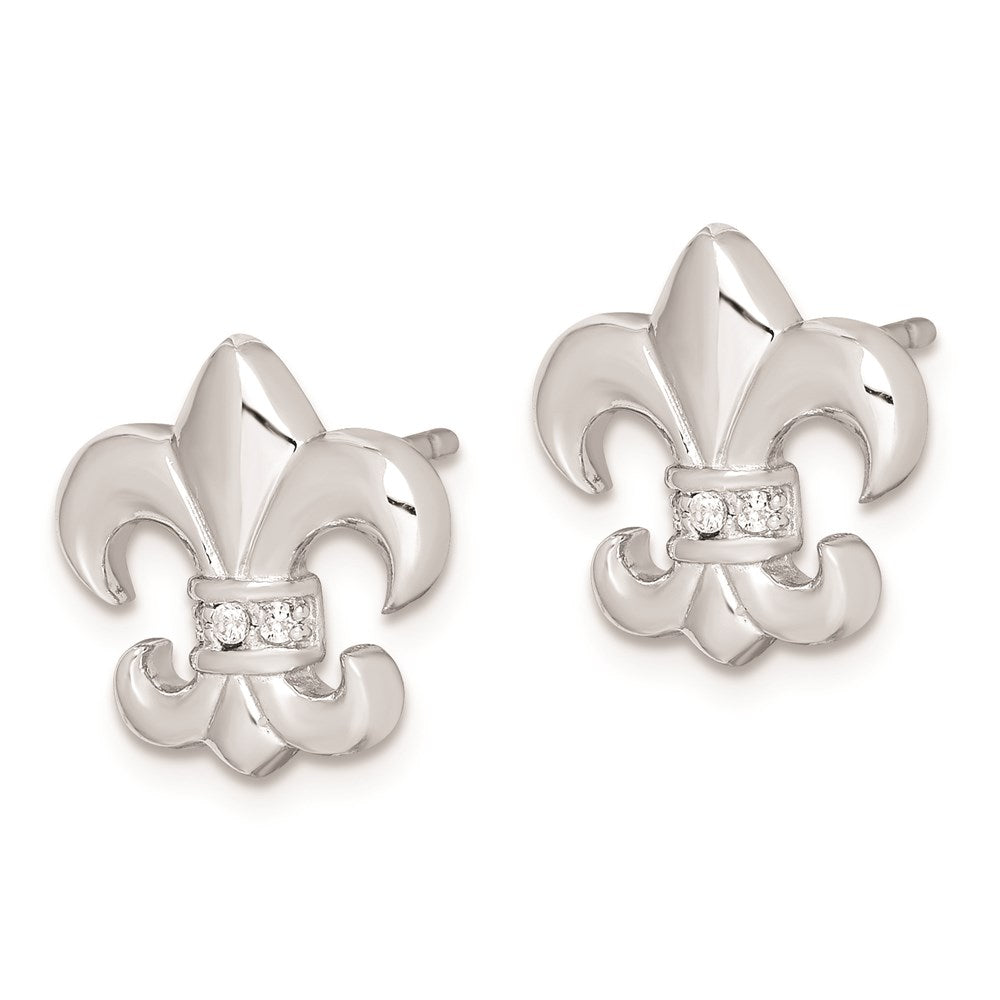 QE9225 Sterling Silver Rhodium-plated Polished CZ Fleur de Lis Post Earrings