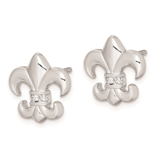 QE9225 Sterling Silver Rhodium-plated Polished CZ Fleur de Lis Post Earrings