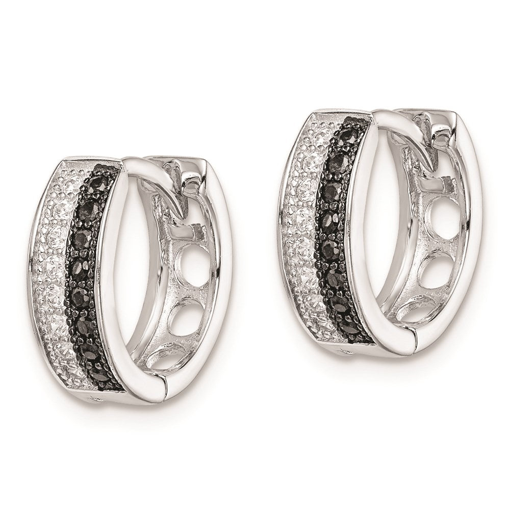 QE9255 Sterling Silver RH-plated Black & White CZ Hinged Round Hoop Earrings