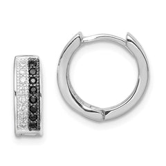 QE9255 Sterling Silver RH-plated Black & White CZ Hinged Round Hoop Earrings