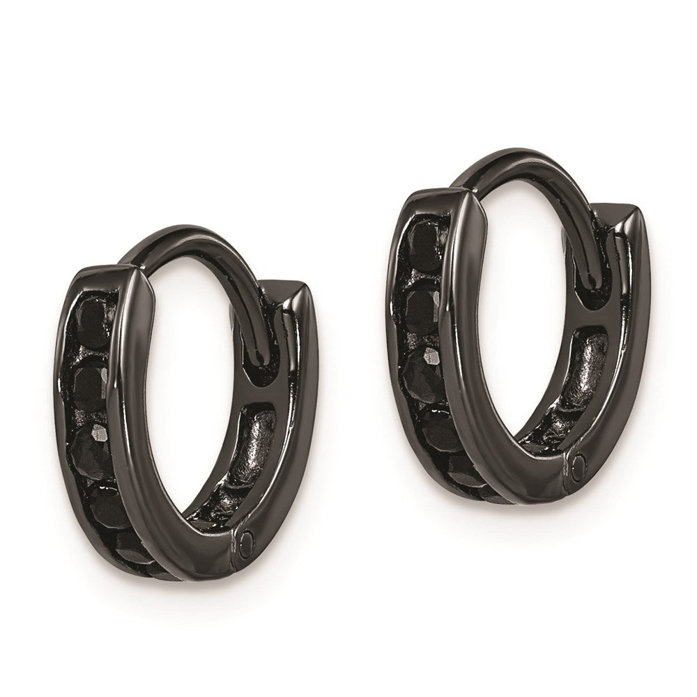 QE9262 Sterling Silver Black RH-plated Black CZ Hinged Round Hoop Earrings
