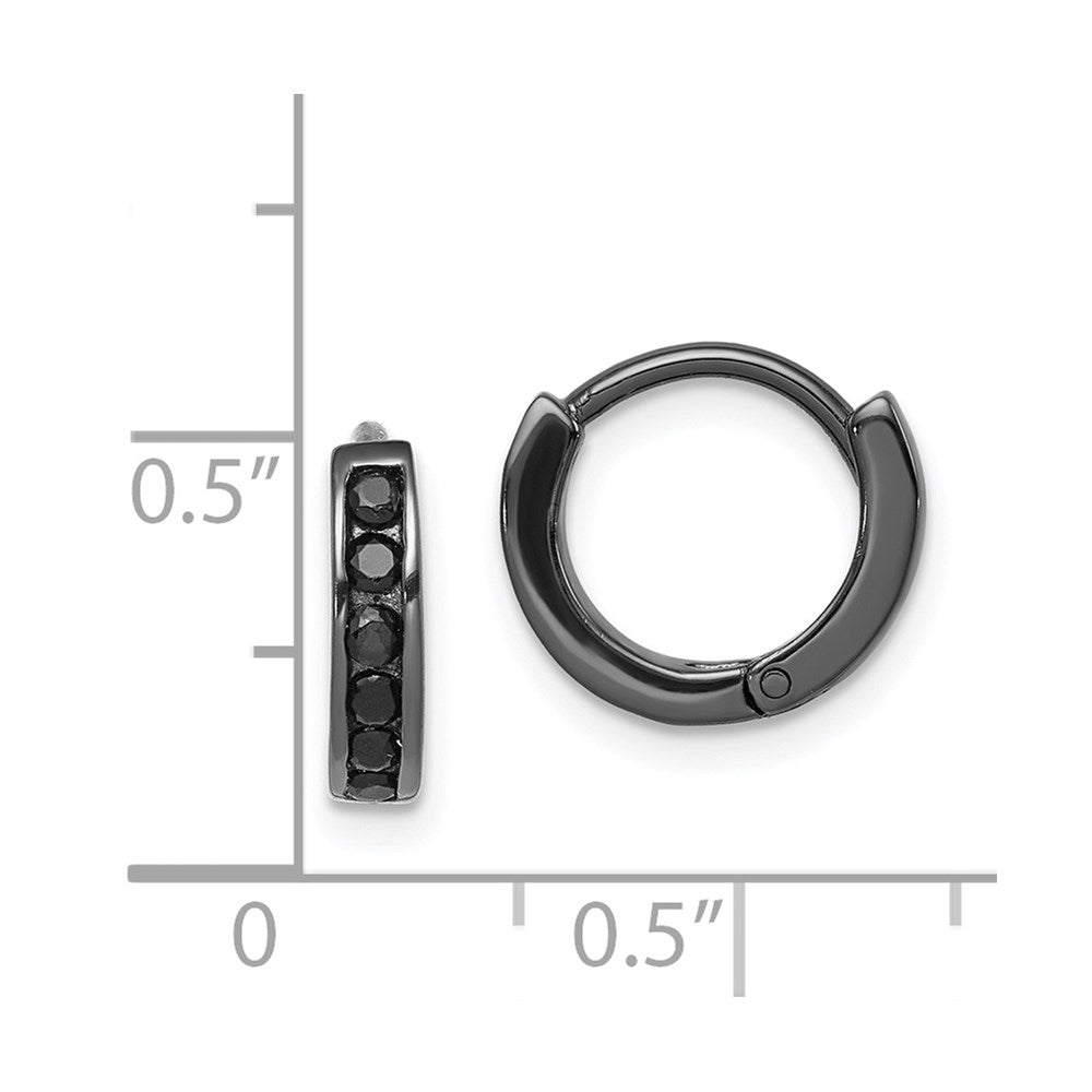 QE9262 Sterling Silver Black RH-plated Black CZ Hinged Round Hoop Earrings