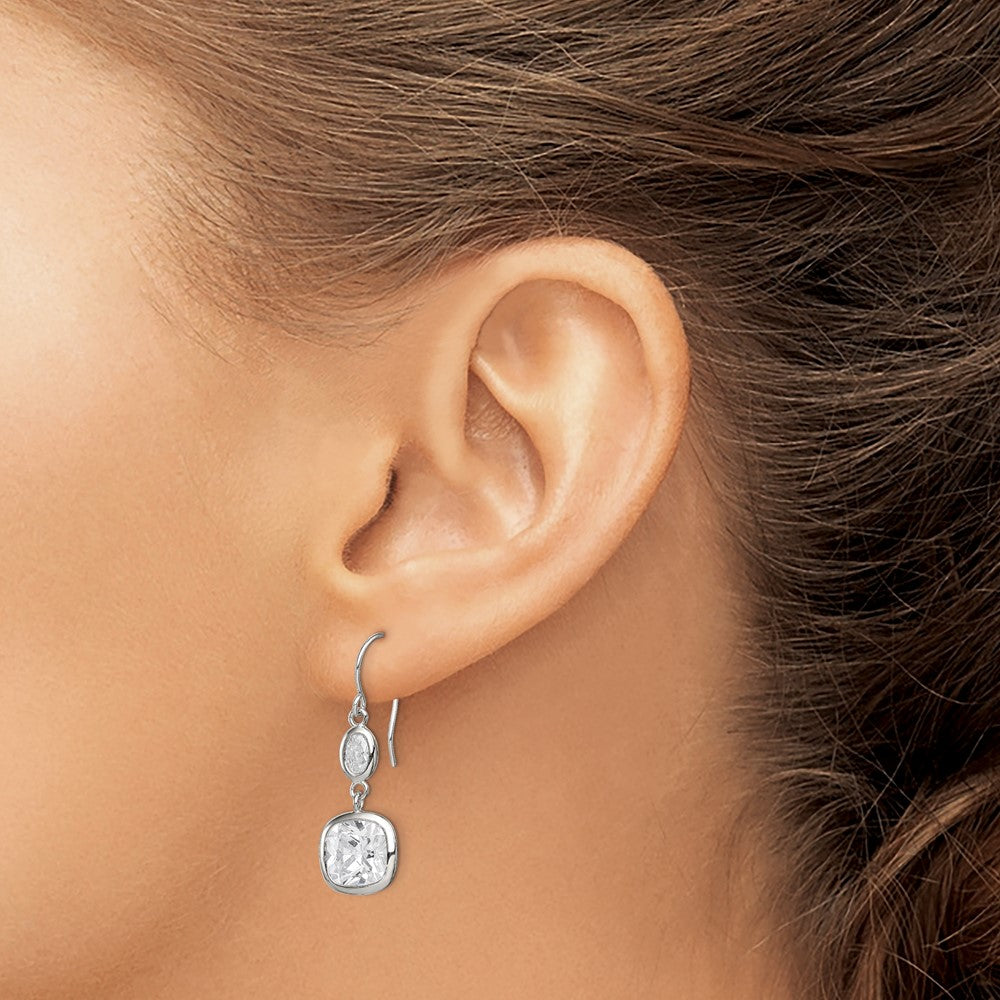 QE9309 Sterling Silver Rhodium-plated Polished Oval & Square CZ Dangle Earrings