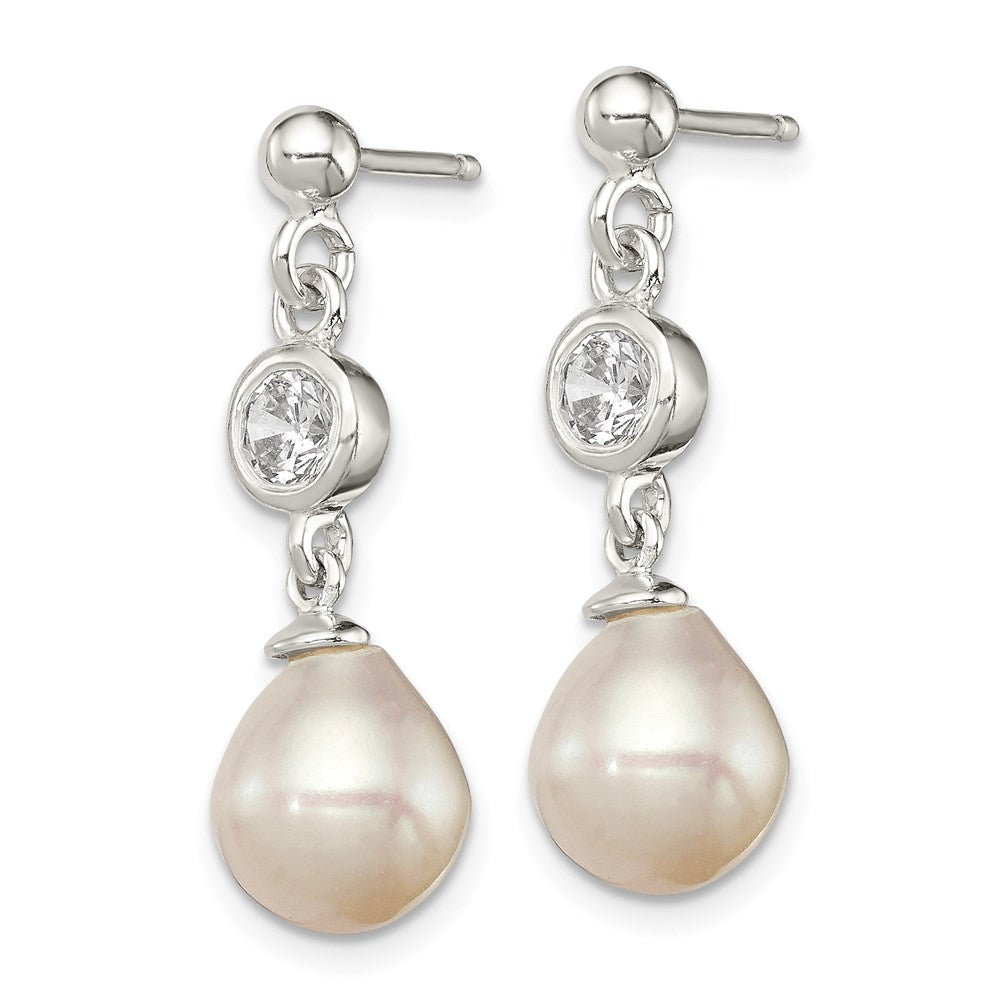 QE9323 Sterling Silver Polished FWC Pearl and CZ Post Dangle Earrings