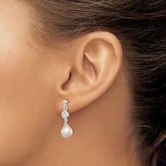 QE9323 Sterling Silver Polished FWC Pearl and CZ Post Dangle Earrings