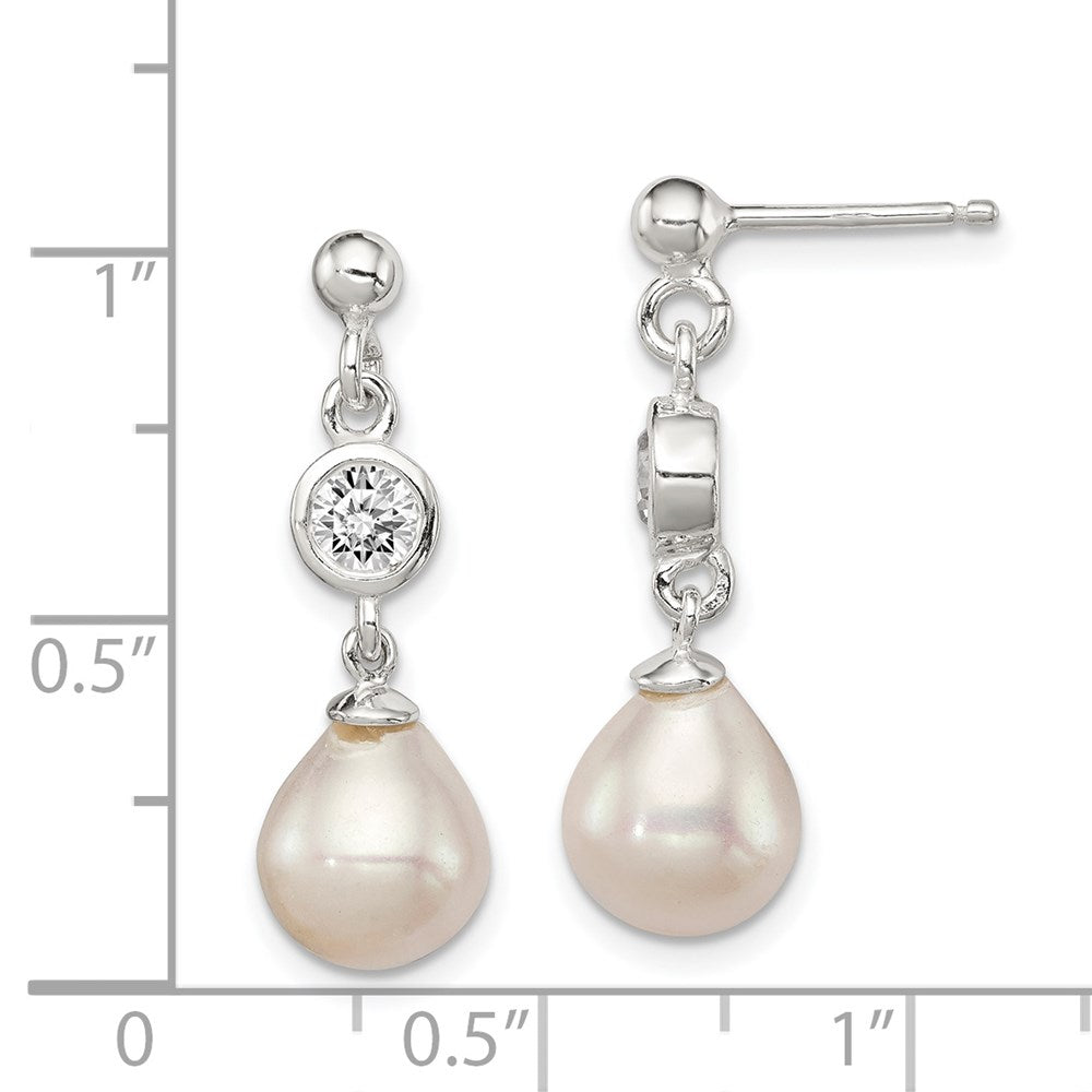 QE9323 Sterling Silver Polished FWC Pearl and CZ Post Dangle Earrings