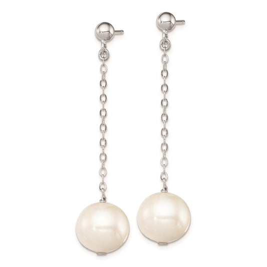 QE9339 Sterling Silver Rhodium-plated 10-11mm White Round Freshwater Cultured Pearl Dangle Post Earrings