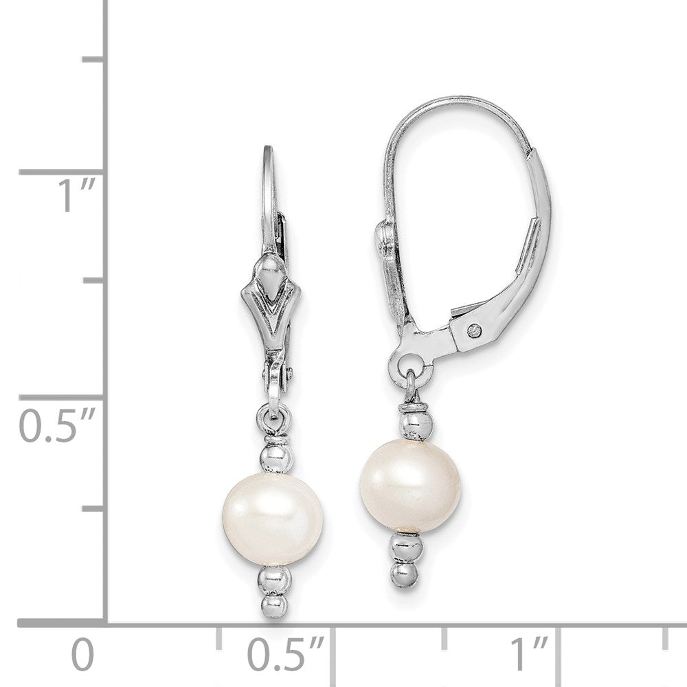 QE9347 Sterling Silver Rhodium-plated 6-7mm White Semi-Round Freshwater Cultured Pearl Leverback Dangle Earrings