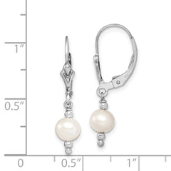 QE9347 Sterling Silver Rhodium-plated 6-7mm White Semi-Round Freshwater Cultured Pearl Leverback Dangle Earrings