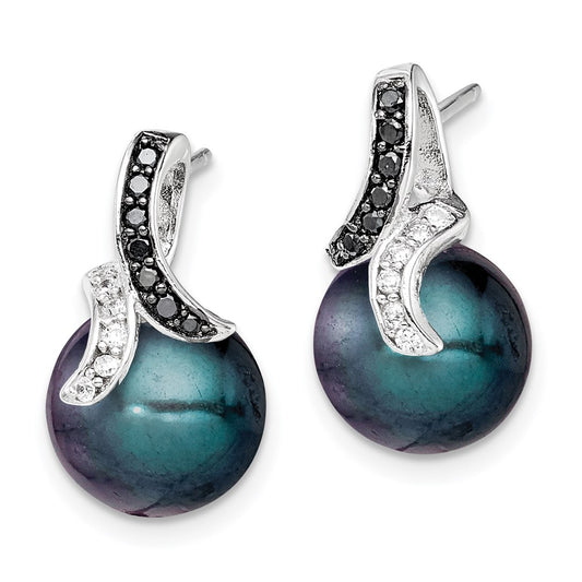 QE9354 Sterling Silver Polished Black and White CZ with 9-10mm Black Imitation Shell Pearl Post Earrings