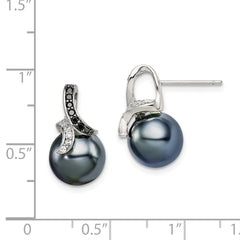 QE9354 Sterling Silver Polished Black and White CZ with 9-10mm Black Imitation Shell Pearl Post Earrings