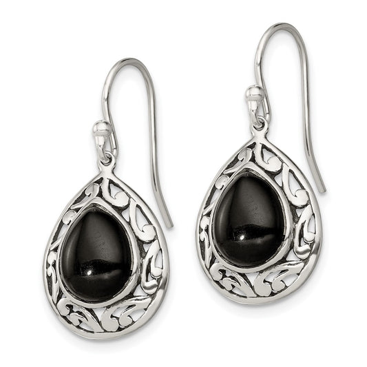 QE9376 Sterling Silver Polished & Antiqued Filigree Onyx Teardrop Dangle Earrings