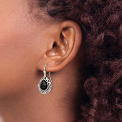 QE9376 Sterling Silver Polished & Antiqued Filigree Onyx Teardrop Dangle Earrings