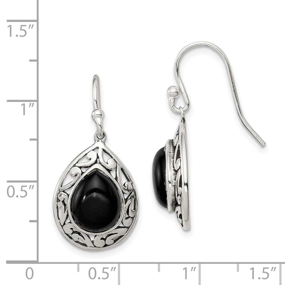 QE9376 Sterling Silver Polished & Antiqued Filigree Onyx Teardrop Dangle Earrings